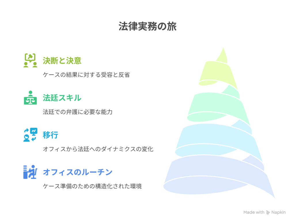 [事務所に通う日常] → [法廷での決断と覚悟]を表現した図