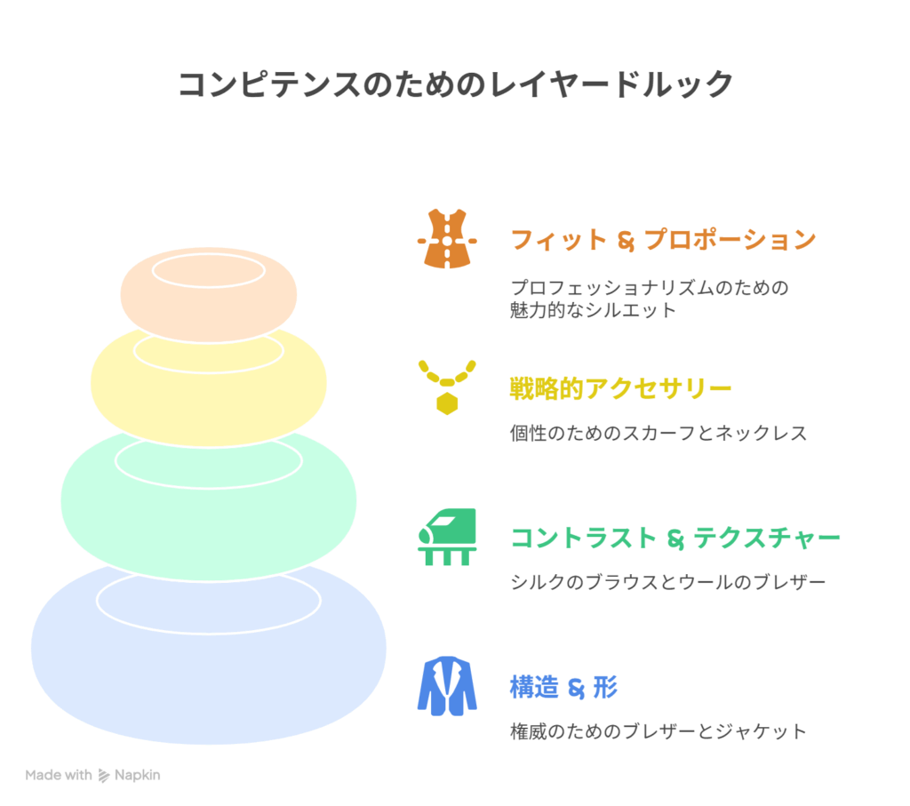 ［一枚のワンピースに見える安心感］ → B［レイヤード見えで"仕事ができそう感"演出］を表現した図