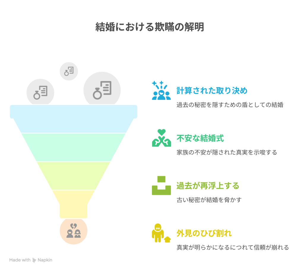 li>- A［突然の結婚］→ B［過去の事件を隠すための契約関係］</li> <li>- A［祝福の場面］→ B［家族の静かな動揺と警戒］</li> <li>- A［新たな夫婦の始まり］→ B［封印された事件の再浮上］</li>