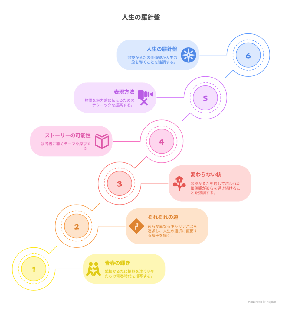 A [かるた少年たちの10年後] → [視聴者に人生の“変わらない核”を照らす] 