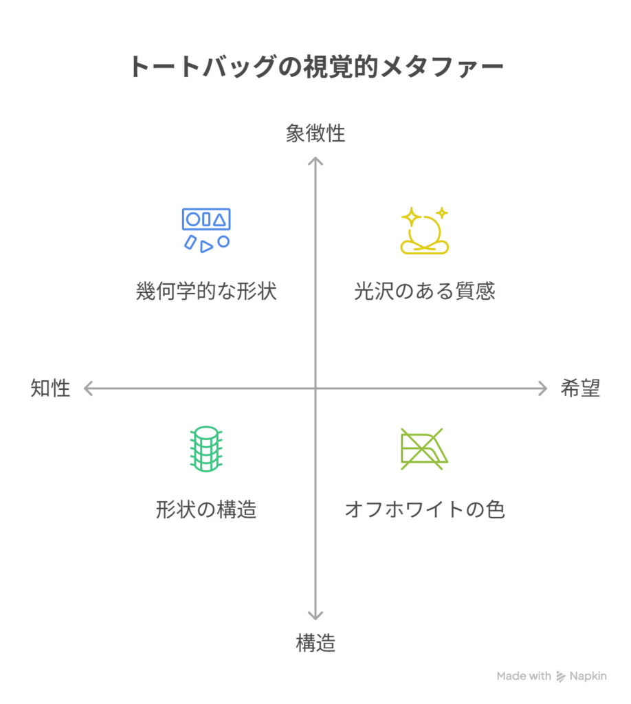 構造: トートバッグ = { 形状:「幾何学構造」, 色:「オフホワイト」, 質感:「光沢」 } 役割: 視覚的メタファー →「知性と希望の二面性」を表現した図