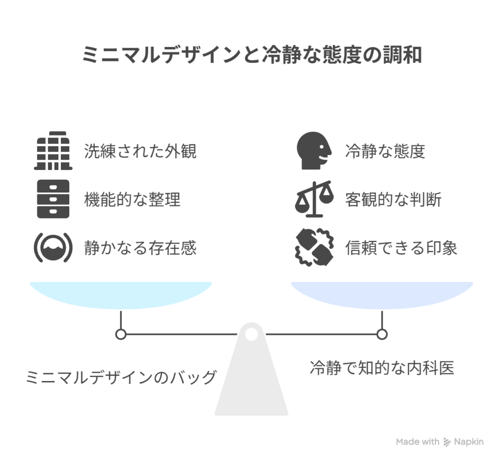 構造: バッグ = { 視覚:「ミニマルデザイン」, 機能:「整理性・収納力」, 印象:「静かなる存在感」 } 人物: 望月 = { 職業:「内科医」, 性格:「冷静で知的」 } 相関: バッグ × 人物 → 「説得力のあるリアルさ」を表現した図