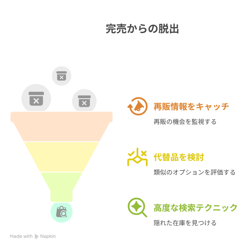 完売であきらめそうな気持ち］ → ［再販・代替品・検索ワザで“まだ手に入る”と知る］を表現した図