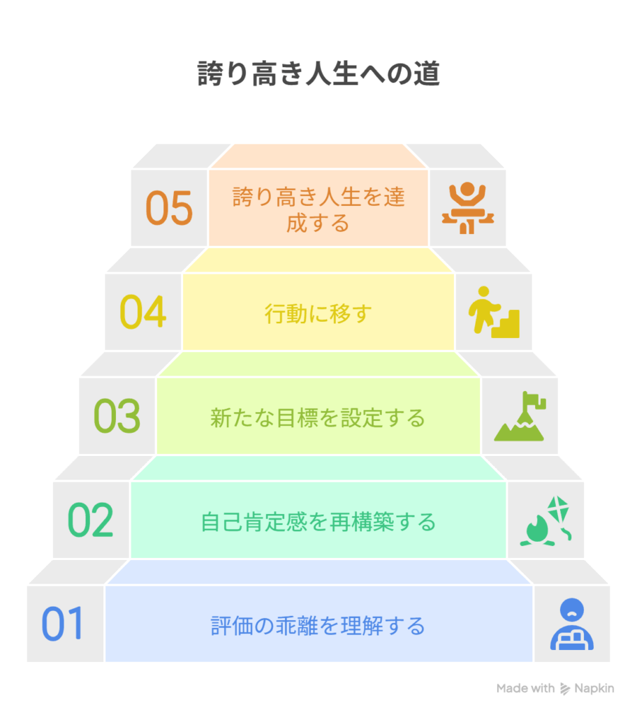 [忠義を貫いても評価されない] →  [誇りを求め、行動へ]を表現した図解