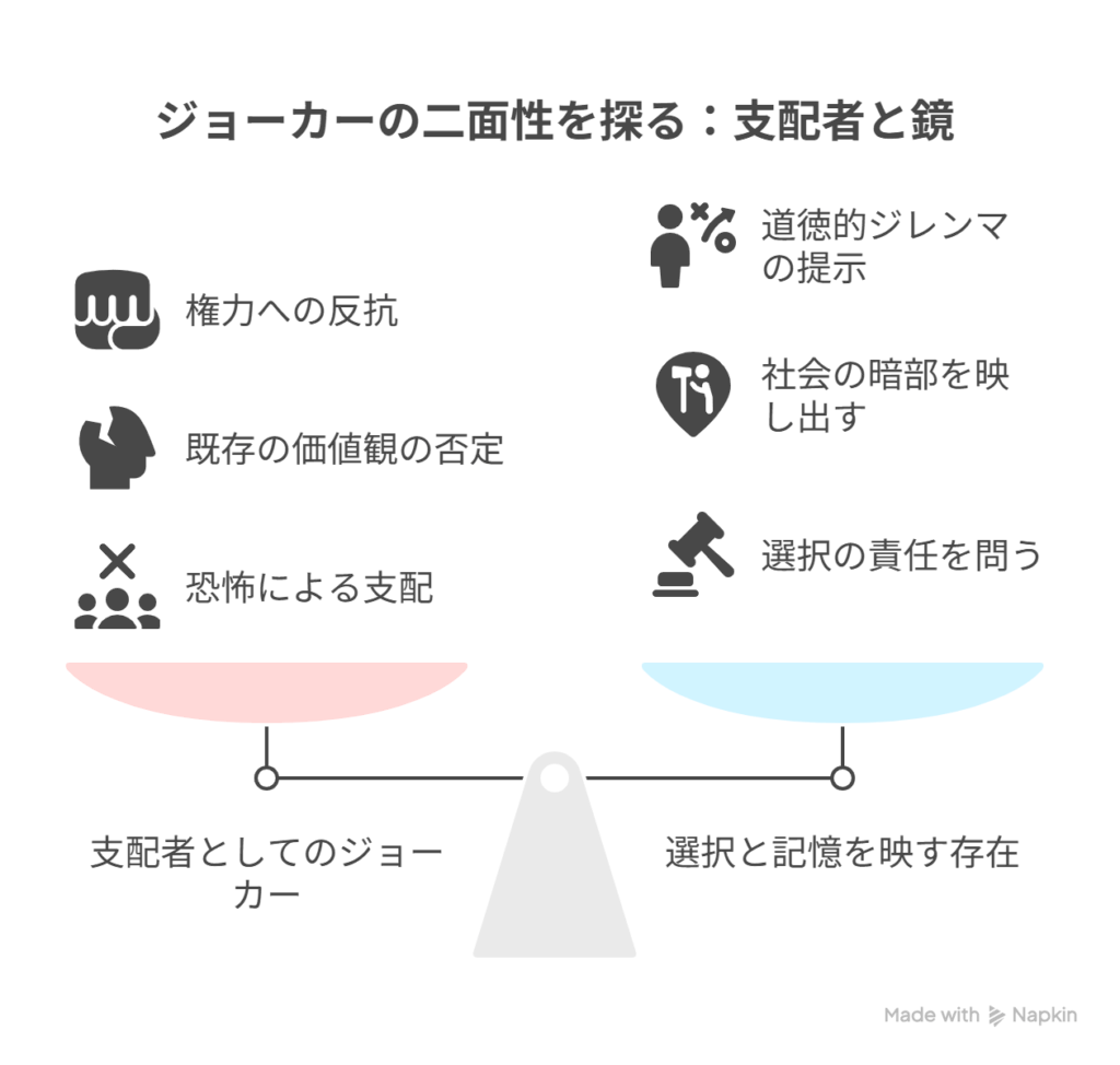 [原作：支配者としてのジョーカー] → [ドラマ：選択と記憶を映す“存在”としての再構成]を表現した図