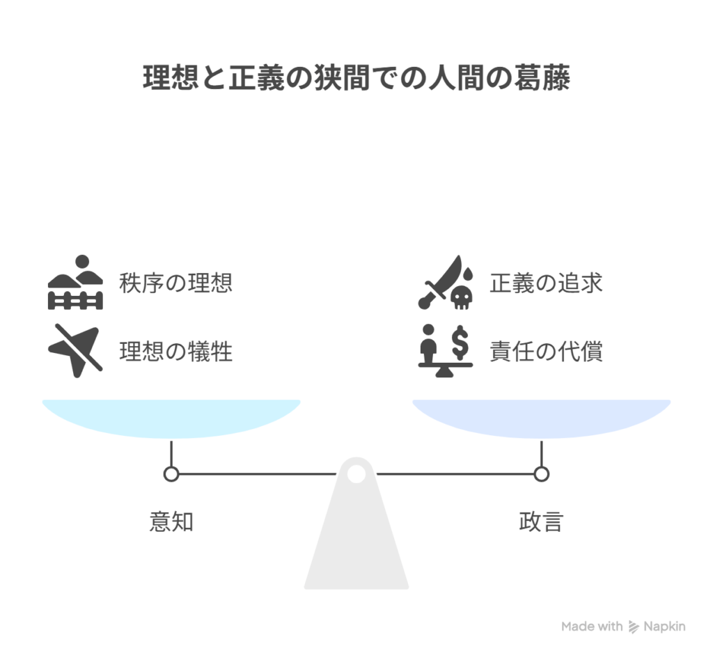 [秩序を守ろうとする意知] → [理想を抱えたまま運命を迎える] [追い詰められた政言] → [己の正義を果たし、けじめをつける]