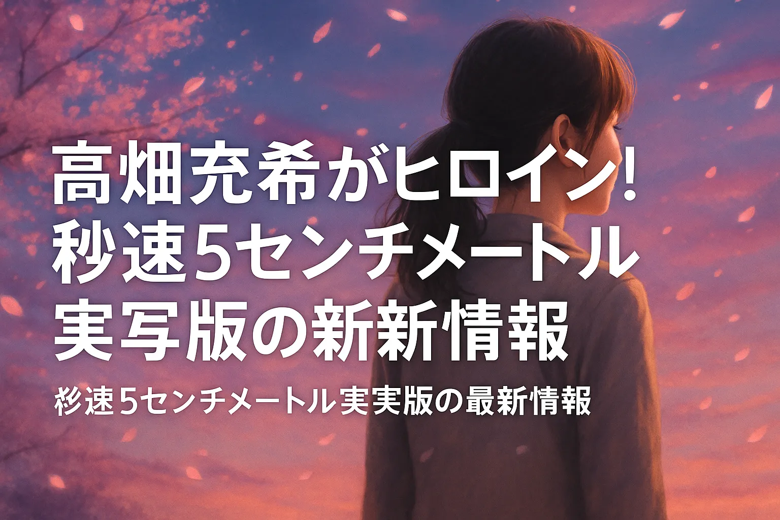 高畑充希さんをイメージした女性が夕暮れの桜並木を背に立ち、舞い散る桜の花びらが漂う中で遠くを見つめている。画面には「高畑充希がヒロイン！秒速5センチメートル実写版の最新情報」という大きな白文字のタイトルが配置されている。