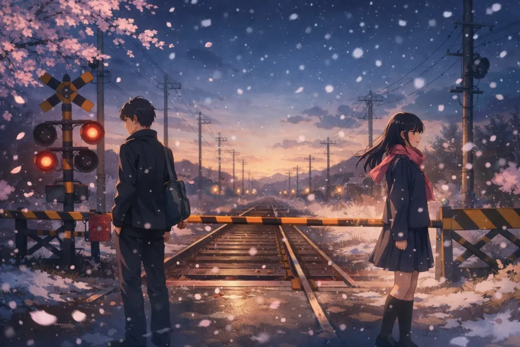 夕暮れの踏切で背中合わせに立つ男女。線路の先に街灯が灯り、桜の花びらと雪が舞う静かな情景