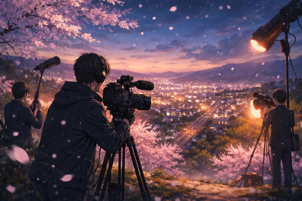 夕暮れの高台でカメラを構える撮影クルー。眼下に街の灯りが広がり、桜の花びらが舞う映画的な情景