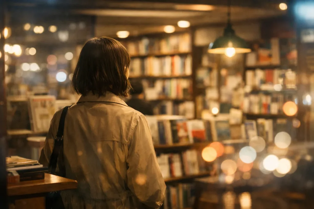 書店の棚を前に立つ女性の後ろ姿。窓の反射と街の灯りのボケが重なる、明里の“現在地”を感じさせる見出し画像