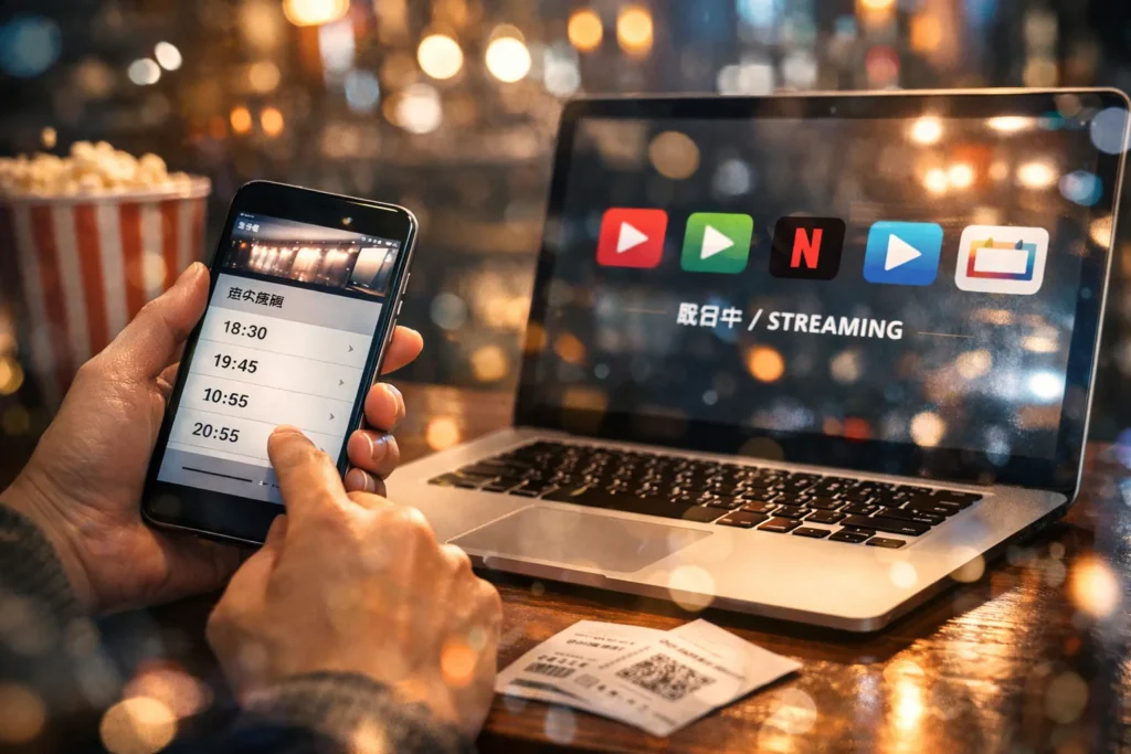スマホとノートPCで上映時間・配信状況を確認している手元の写真。チケットやポップコーンが置かれ、視聴方法を調べる場面を表す見出し画像