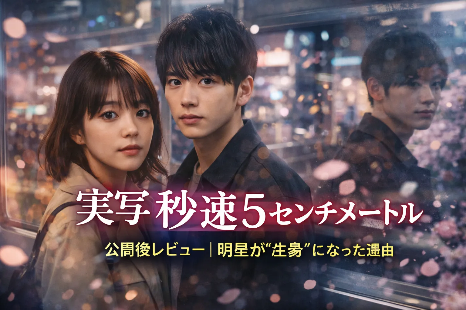実写『秒速5センチメートル』公開後レビューのアイキャッチ画像。車窓越しの男女と街の光、桜のぼけが重なり、“明里が生身になった理由”を示すデザイン