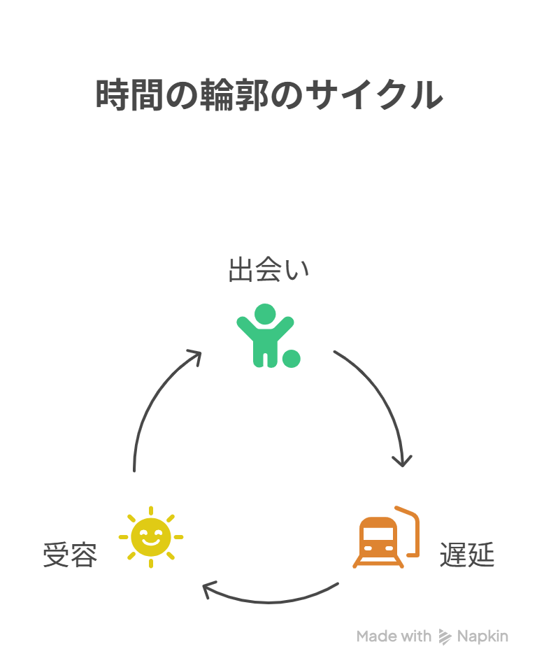 出会い[幼少期] → 遅延[列車] → 受容[微笑]：同一エリアを反復することで時間の輪郭を描写を表現した図