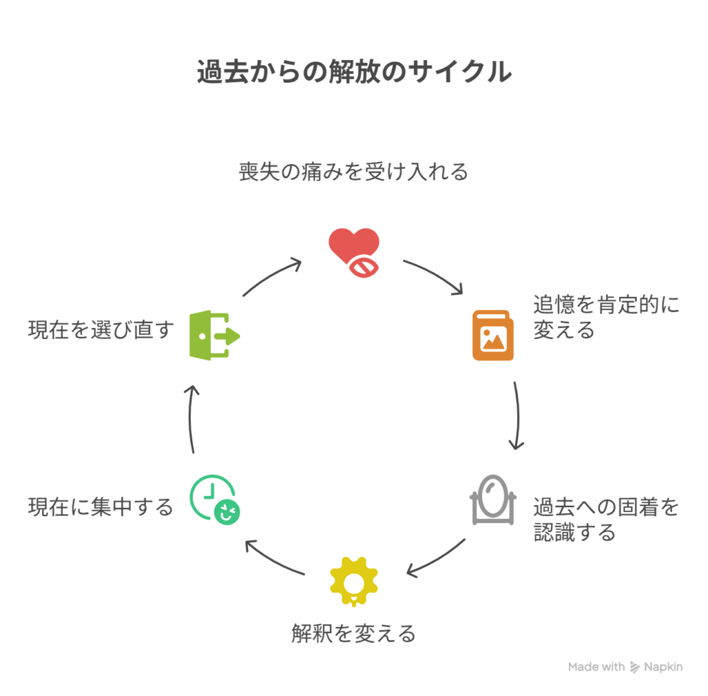 ［過去への固着］ → B［現在を選び直す静けさ］ - A［喪失の痛み］ → B［追憶の肯定］を表現した図