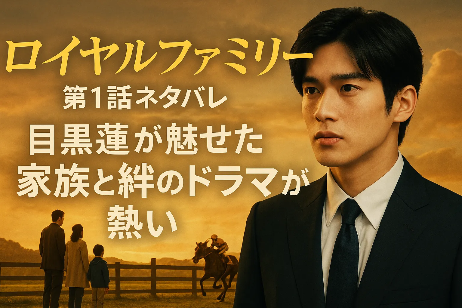 ドラマ『ロイヤルファミリー』第1話ネタバレ｜目黒蓮が魅せた“家族と絆”のドラマが熱い！夕焼けの牧場を背景に、スーツ姿で真剣な表情を見せる男性と、馬を見つめる家族のシルエットが描かれたアイキャッチ画像