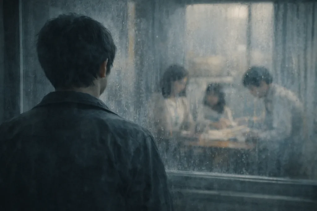"ドラマの考察記事用見出し画像。雨のついたガラス越しに、室内で家族が過ごす様子を背中越しに男性が眺めている場面"
