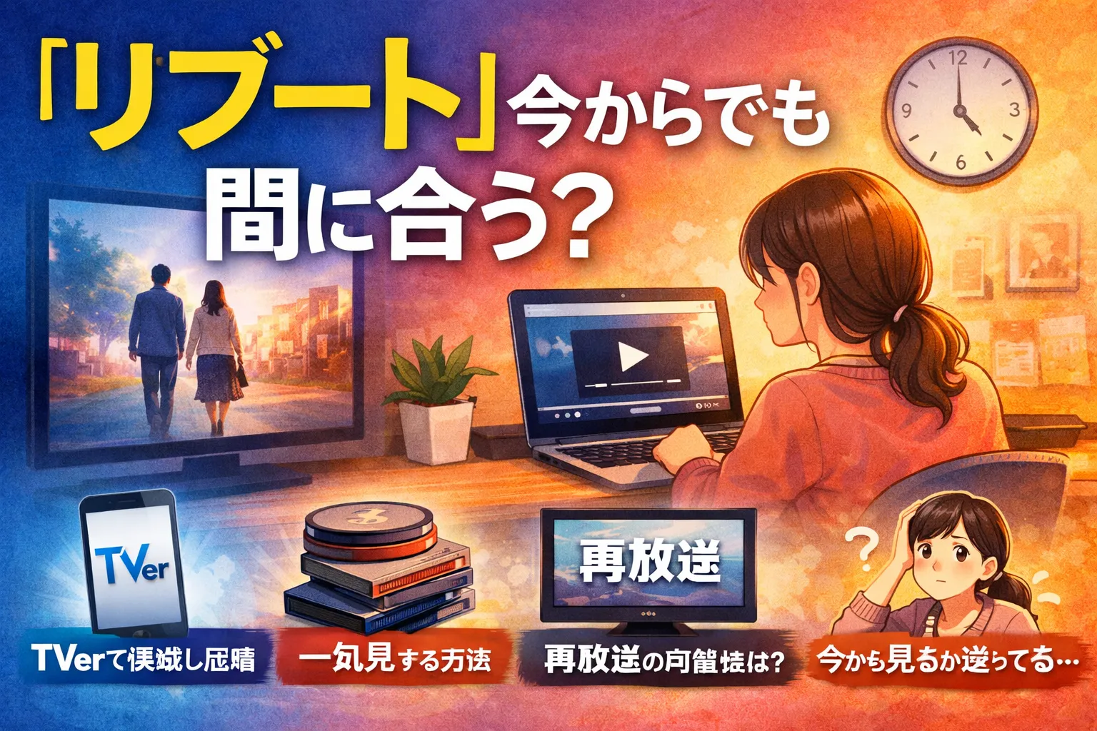 "ドラマ『リブート』は今からでも間に合う？見逃し配信や再放送を迷う視聴者のイメージ"