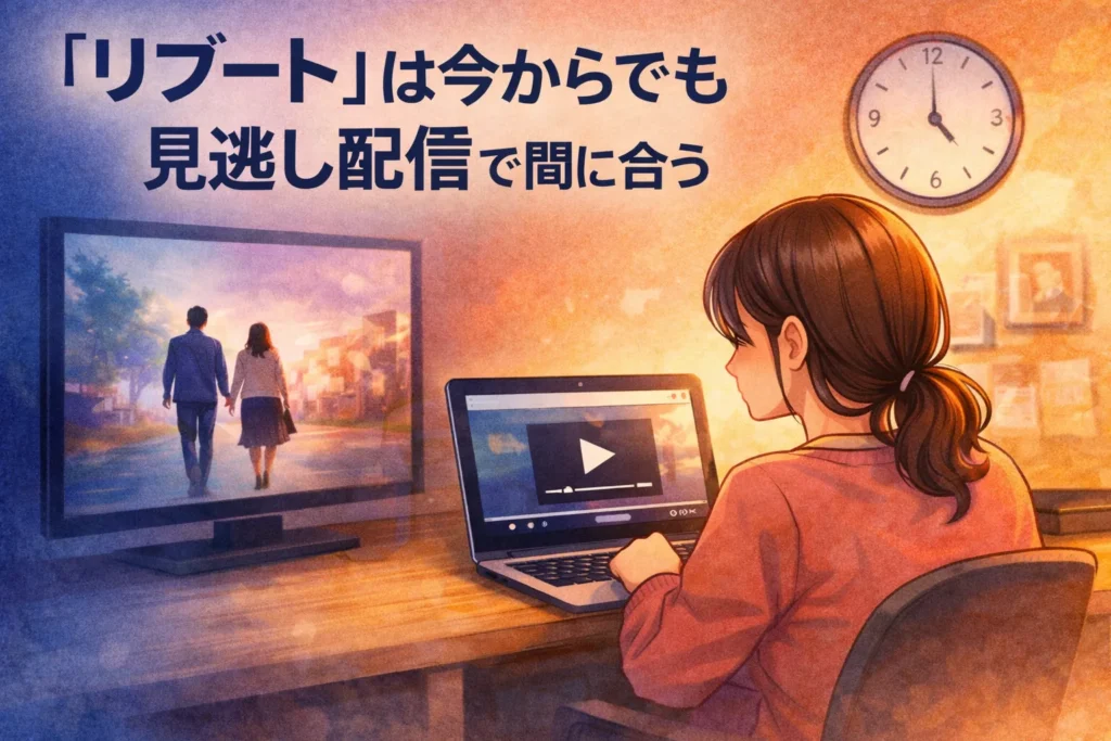 ドラマ『リブート』を今から見始めるか迷い、見逃し配信で追いつけるか考えている視聴者のイメージ
