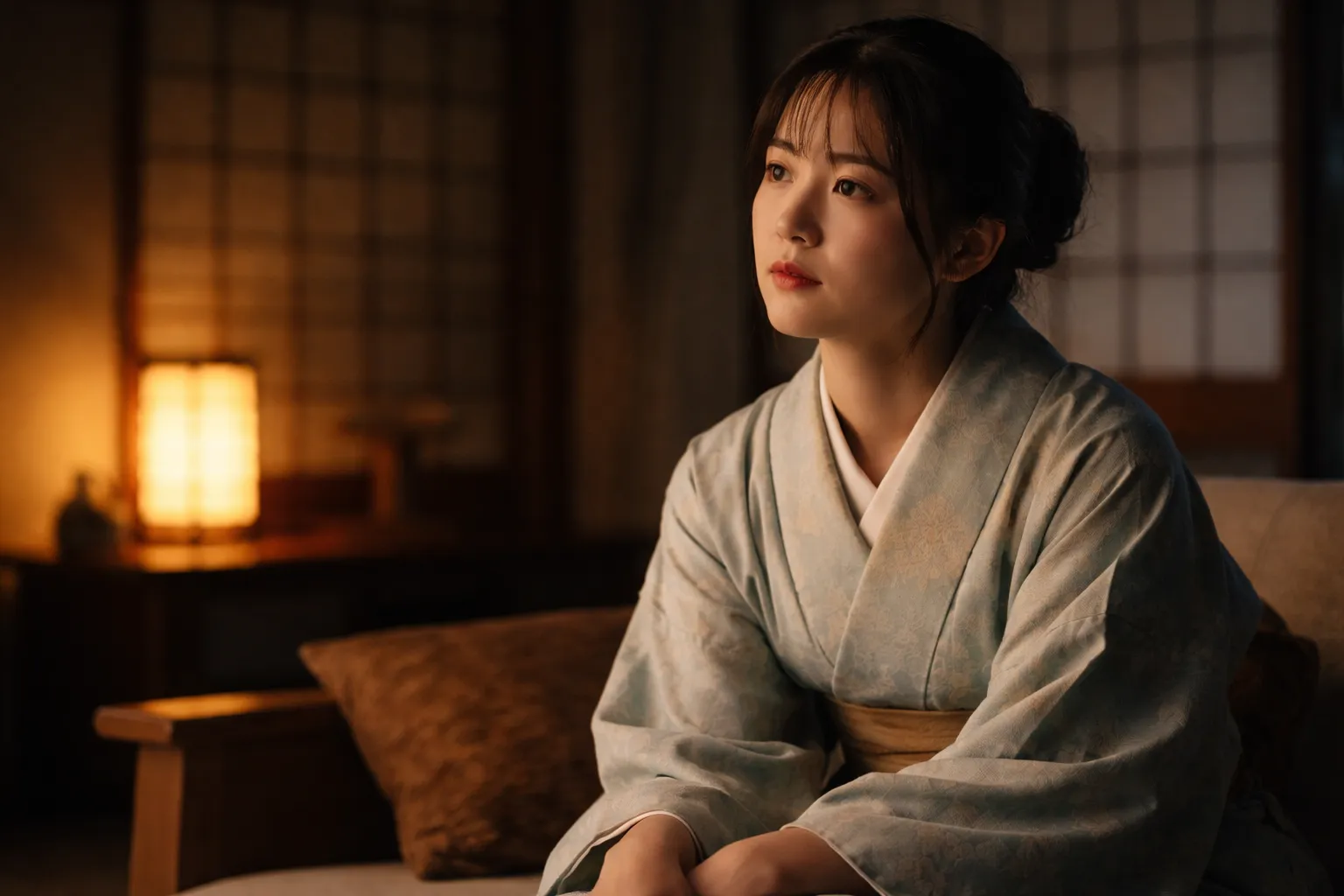 大河ドラマの一場面のような和室で、着物姿の女性が視聴後の余韻に浸るように静かに思索している姿