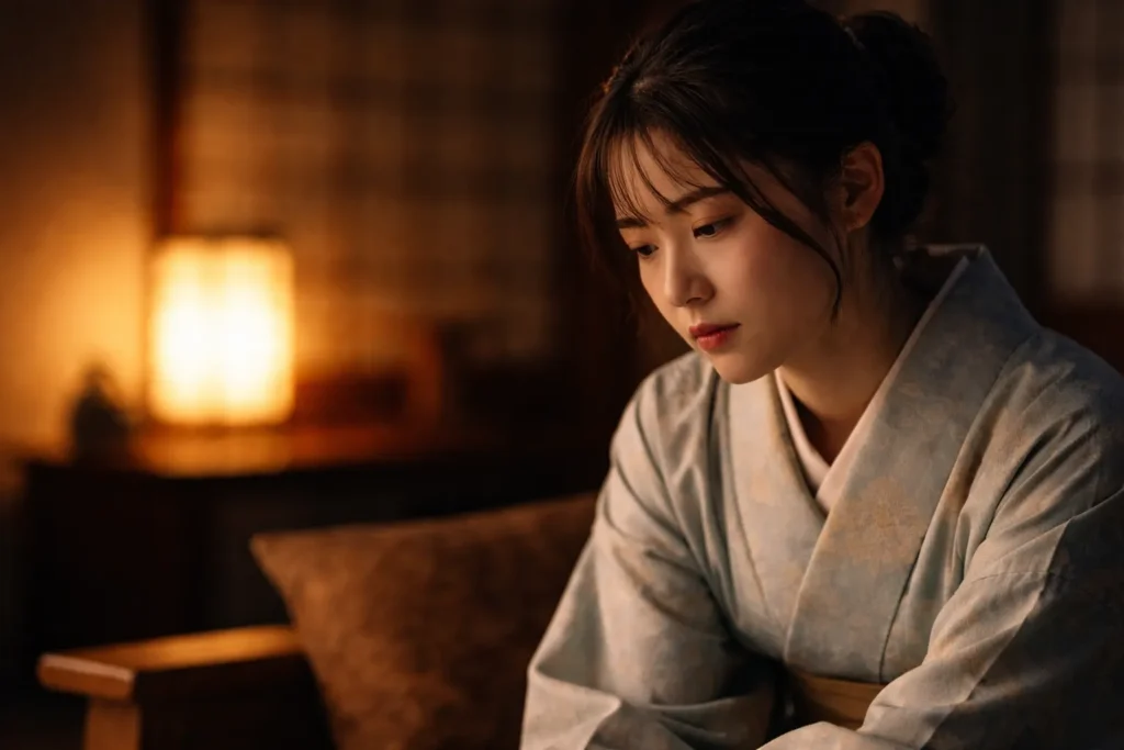 大河ドラマの一場面のような和室で、着物姿の女性が視聴後の余韻に浸るように静かに思索している姿
