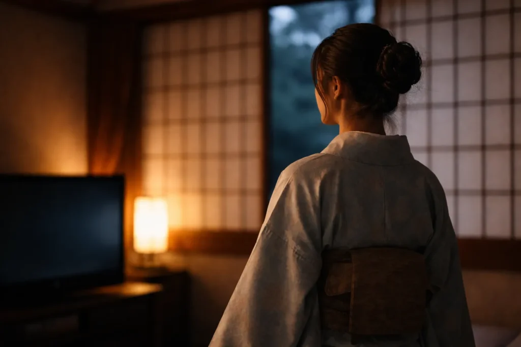 大河ドラマ調の和室で、着物姿の日本人女性が背中を向けて立ち、静かに画面を見つめている様子