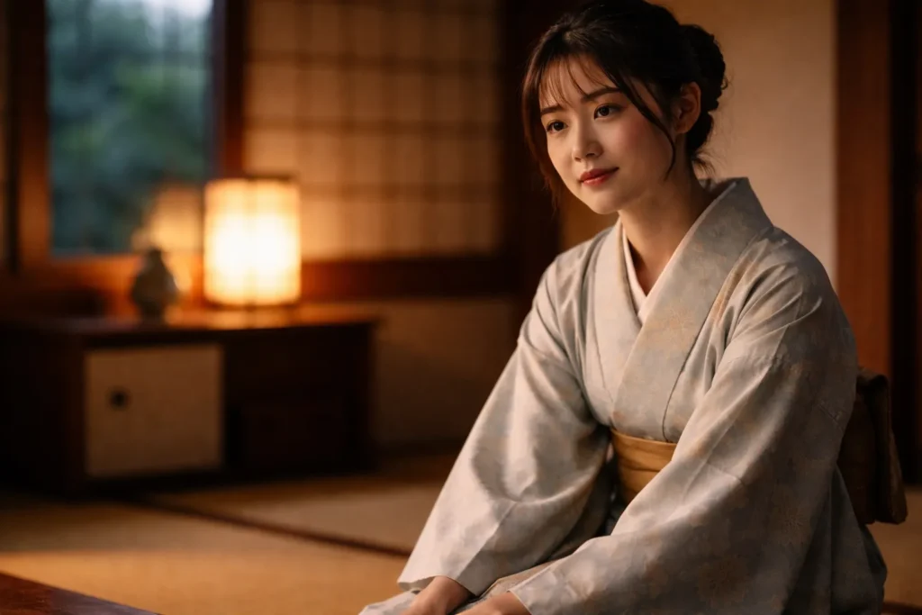 大河ドラマ調の和室で、着物姿の日本人女性が自然な表情で静かに座っている様子