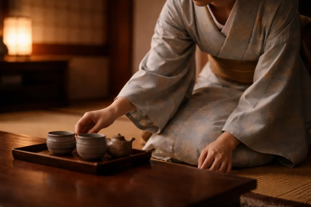 大河ドラマ調の和室で、着物姿の日本人女性が湯のみを静かに並べている手元の様子