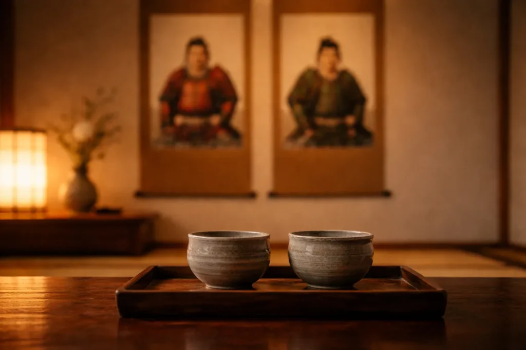 和室の机に置かれた二つの湯のみと、その奥に掛けられた武将の掛け軸が静かに佇む様子