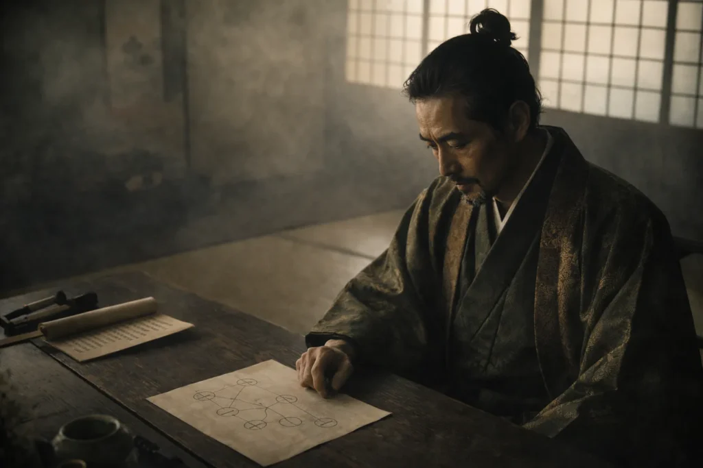 室内で相関図のような図を描いた紙を見つめる豊臣秀長の実写風イメージ。前に出ず全体を俯瞰しながら政権を支えた秀長の立ち位置を象徴するビジュアル