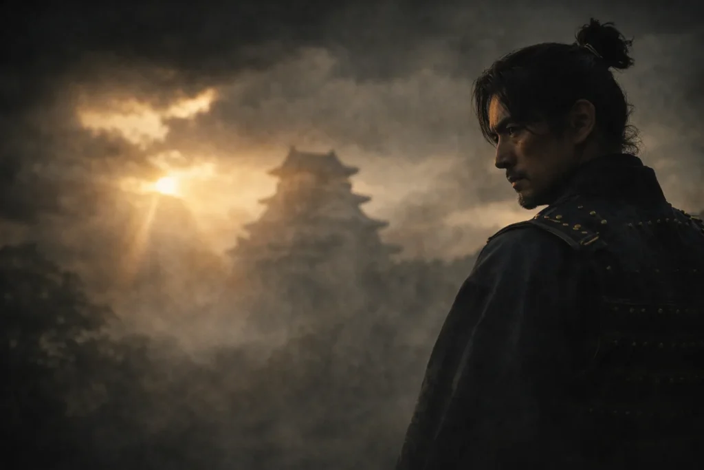 薄暗い空の下で遠くの城を見つめる明智光秀の実写風イメージ。背を向けた立ち姿が、秀長が支え続けた時代を断ち切った存在としての光秀の立ち位置を象徴している