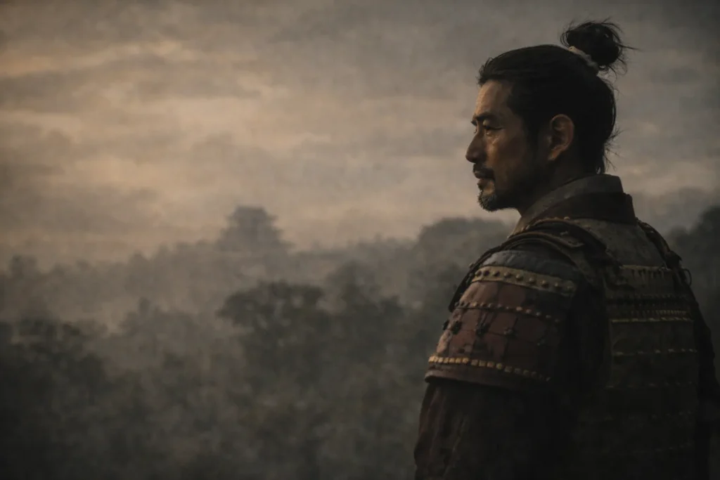 霧がかった風景の中で遠くを見つめる前田利家の実写風イメージ。感情に流されず、政権の持続と現実を選び続けた武将としての利家の立ち位置を象徴するビジュアル