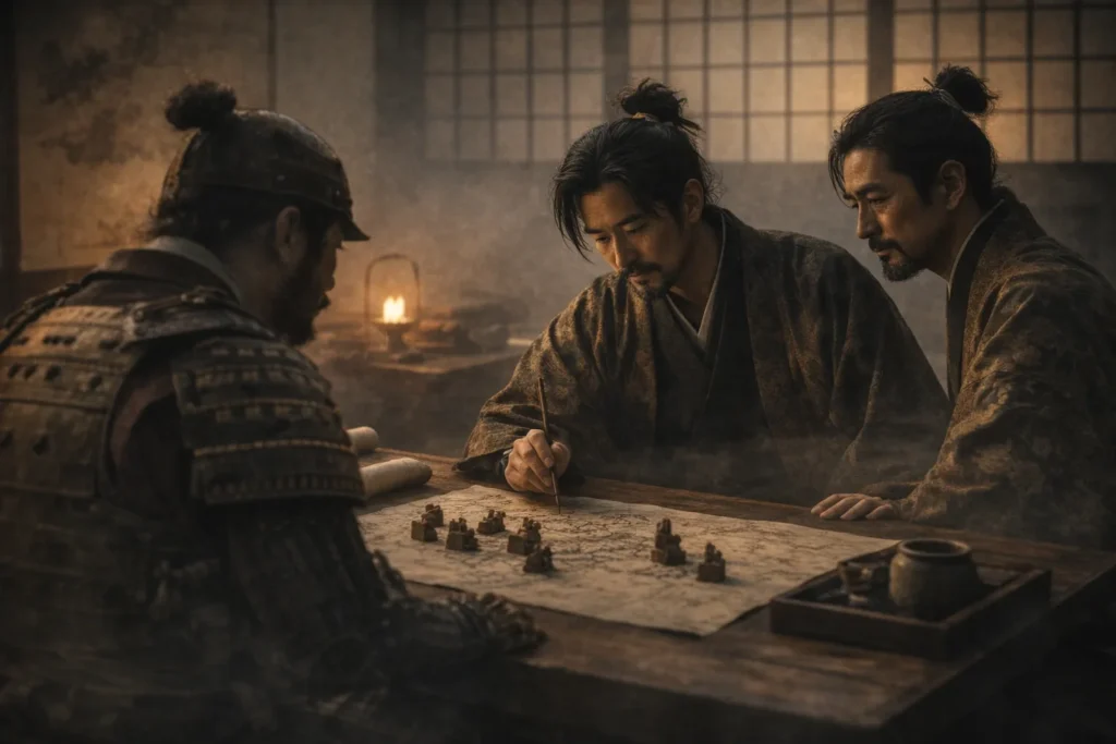 地図を囲んで静かに協議する武将たちの実写風イメージ。前に出ることなく、それぞれの役割で時代を支えた者たちの姿を表している