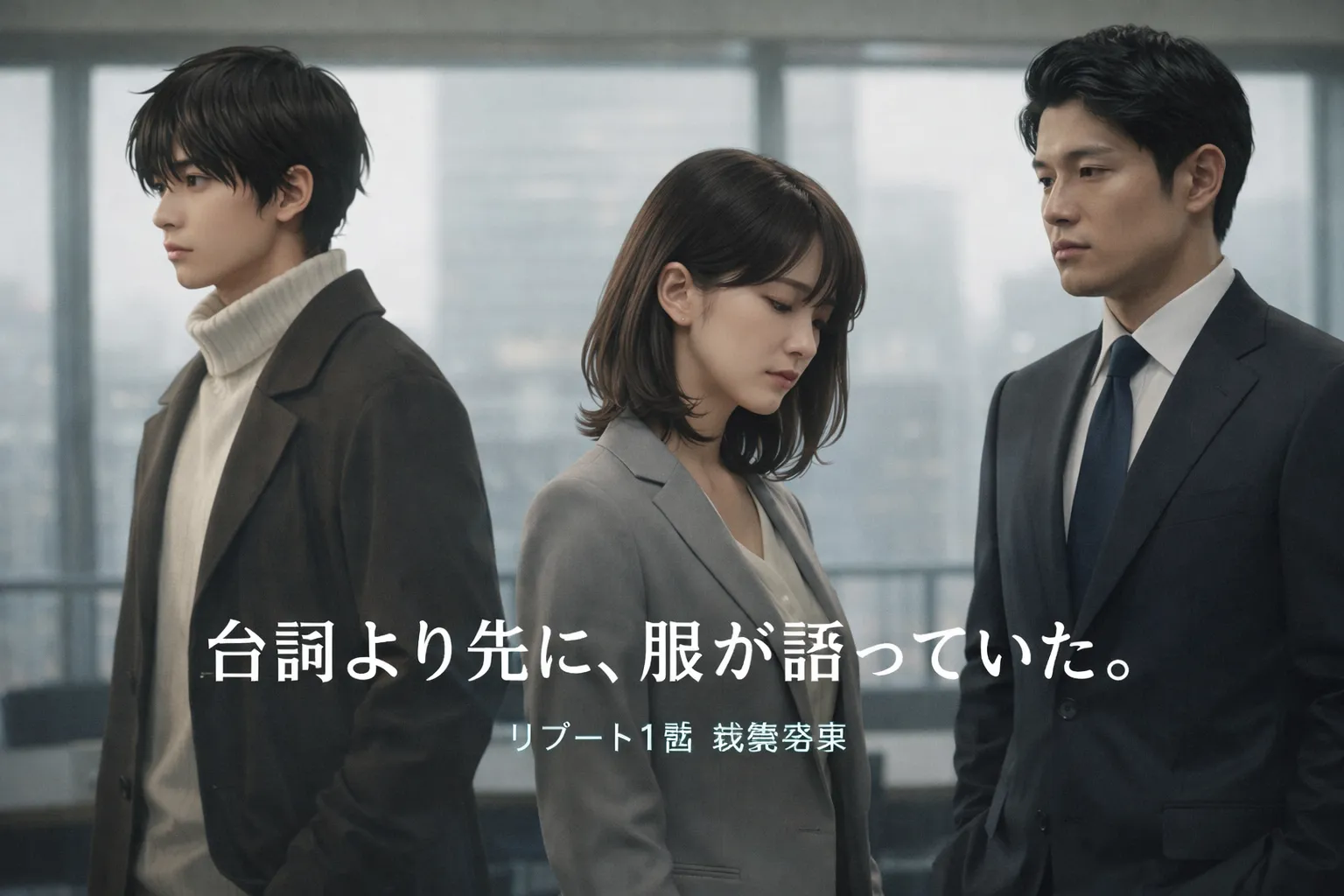 ドラマ「リブート」1話で永瀬廉・戸田恵梨香・鈴木亮平がそれぞれ異なる衣装をまとい、感情と距離感の違いを表現している実写風ビジュアル