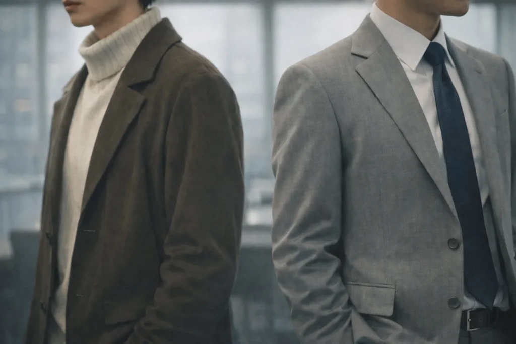 ドラマ「リブート」1話で永瀬廉が着用している、柔らかい色味の衣装と迷いを感じさせる佇まいを表現した実写風ビジュアル 