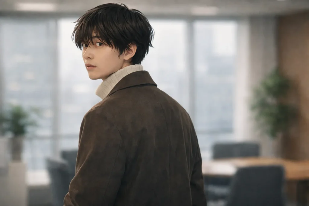 ドラマ「リブート」1話で永瀬廉が着用している、柔らかい色味の衣装と迷いを感じさせる佇まいを表現した実写風ビジュアル 