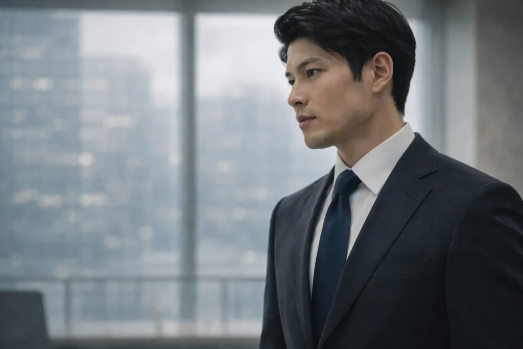 ドラマ「リブート」1話で鈴木亮平が着用するネイビースーツ姿。感情を抑え役割を優先する人物像を表す衣装演出 