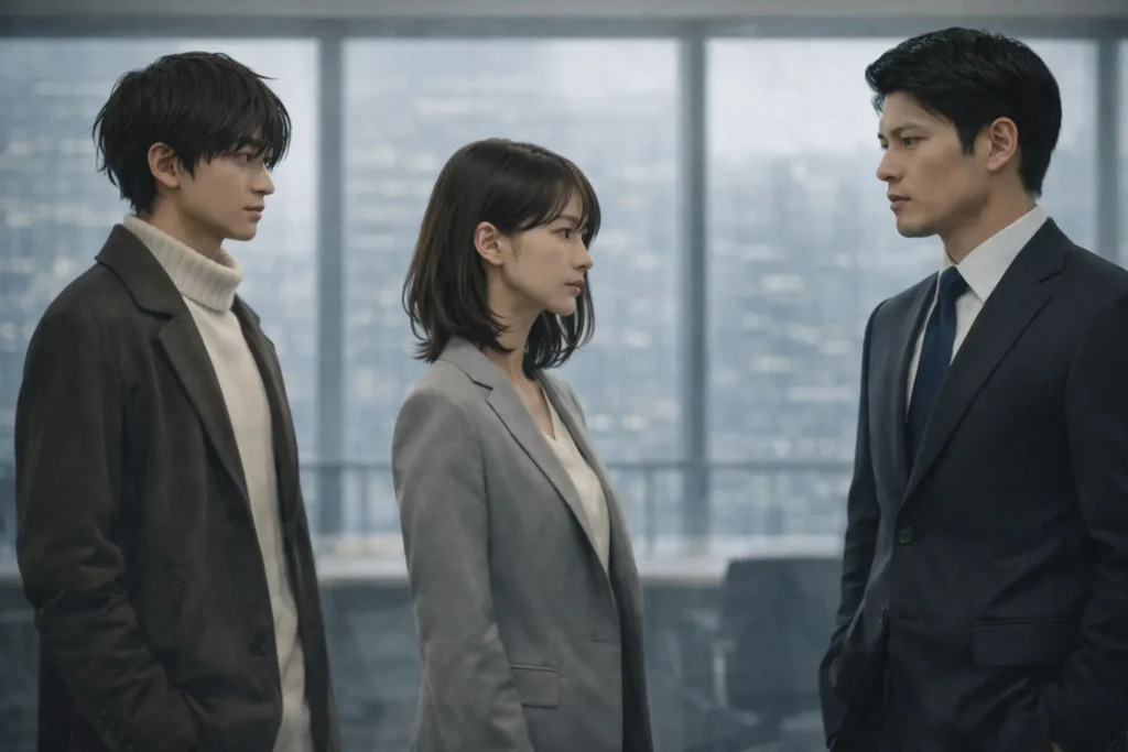 永瀬廉・戸田恵梨香・鈴木亮平イメージした人物3人が同じ空間に立ち、それぞれ異なる衣装と距離感で関係性の温度差を表現した構図