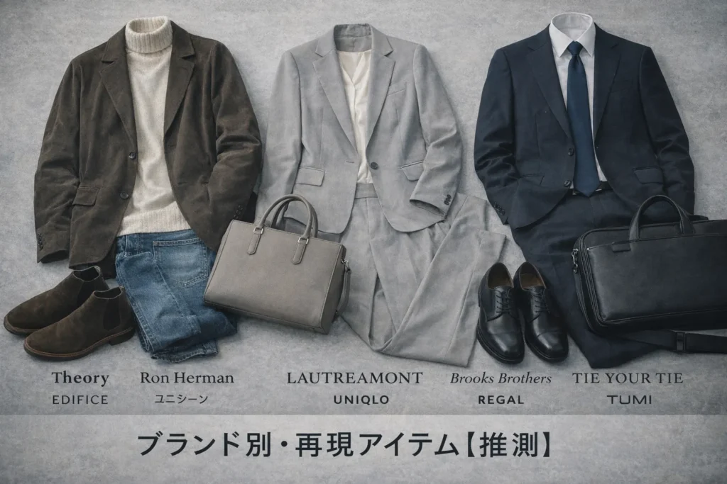 ドラマ「リブート」1話の衣装を再現した推測コーデをブランド別に並べたフラットレイ。再現アイテムとしての比較ビジュアル 