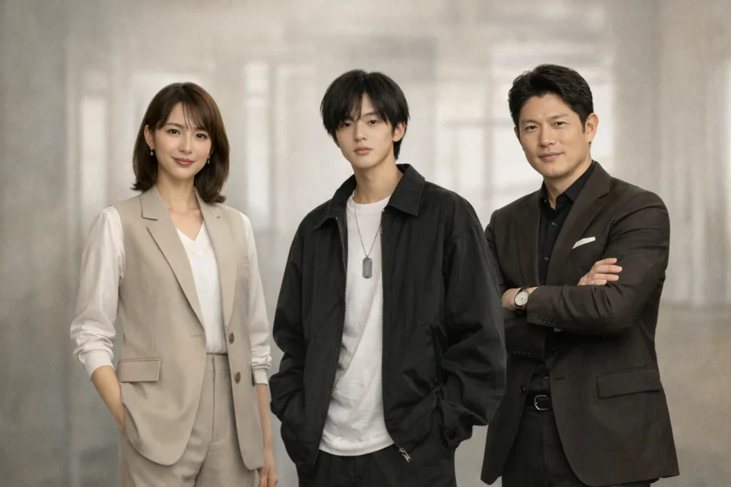 「ドラマ『リブート』第2話の衣装を俯瞰的に表現した実写風イメージ。きれいめセットアップの女性、黒のカジュアルコーデの若い男性、落ち着いたスーツ姿の大人の男性が並び、登場人物ごとの衣装傾向を示している。」