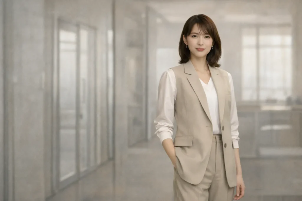 「ドラマ『リブート』第2話での戸田恵梨香の衣装をイメージした実写風ビジュアル。ベージュのセットアップを着た女性がオフィス空間に立ち、きちんと感と落ち着いた印象を表現している。」