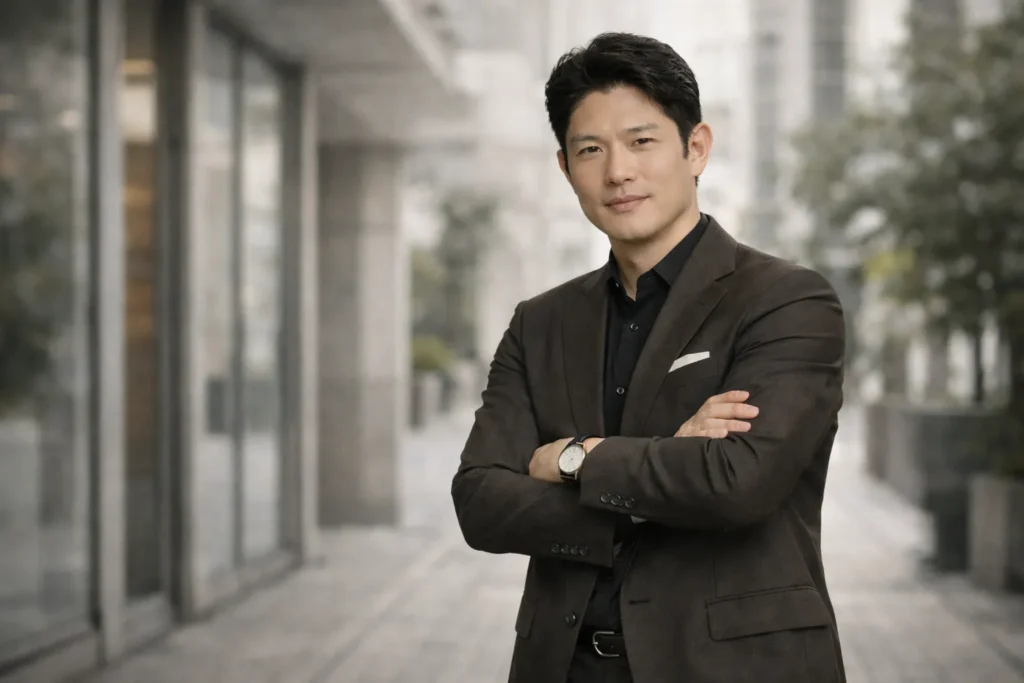 「ドラマ『リブート』第2話での鈴木亮平の衣装をイメージした実写風ビジュアル。ダークトーンのスーツを着た大人の男性が腕を組んで立ち、落ち着きと信頼感のある佇まいを表現している。」