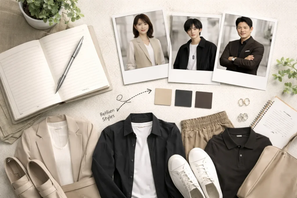 「ドラマ『リブート』第2話の衣装を日常に落とし込む考え方をイメージしたフラットレイ。登場人物を想起させる写真と、ベージュや黒を基調とした服・靴・小物が並び、コーデの整理と応用を表現している。」