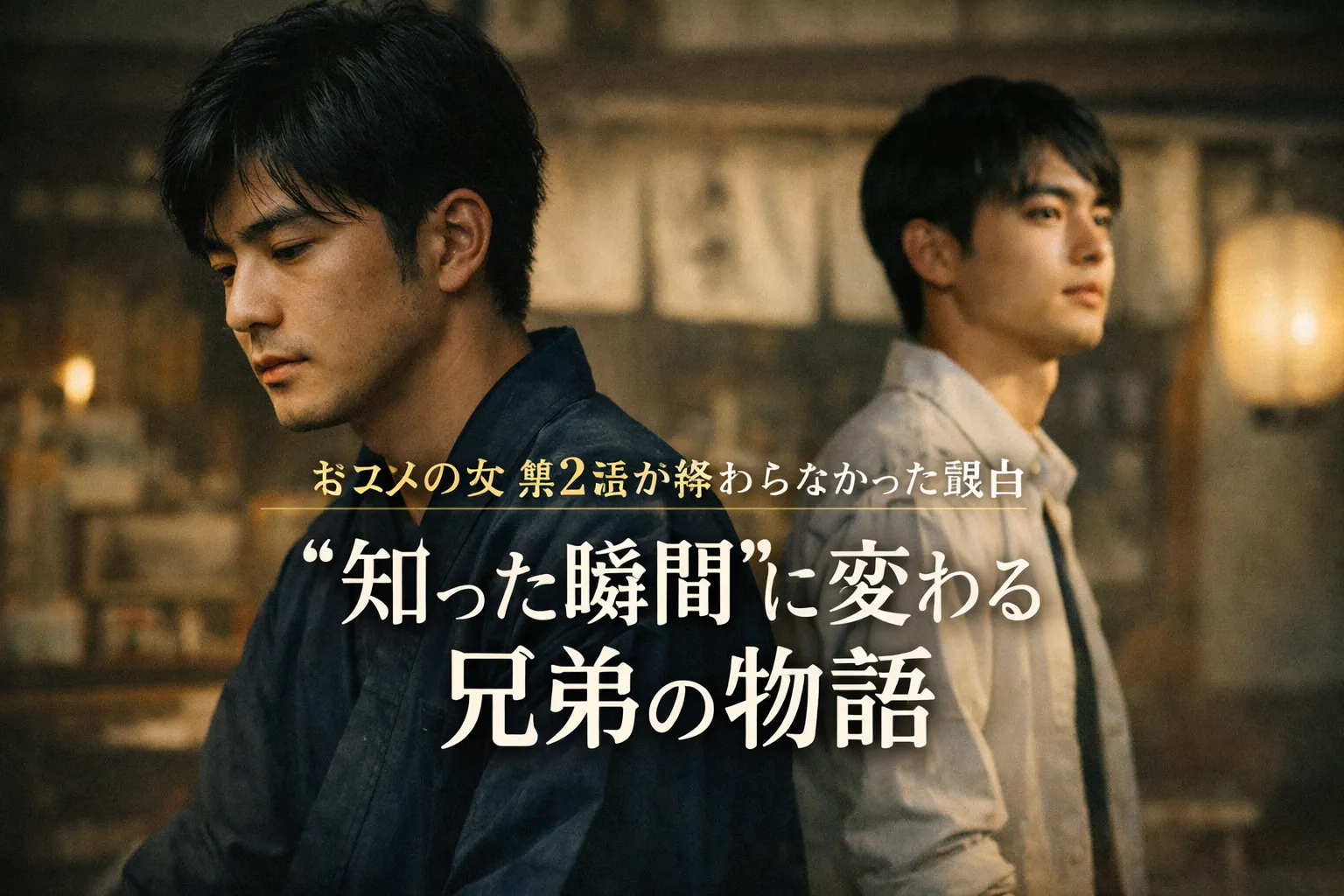 「『おコメの女』第2話を象徴する兄弟の姿。家業を守る兄と別の道を歩む弟、静かな感情の対立を描いた実写風アイキャッチ画像」