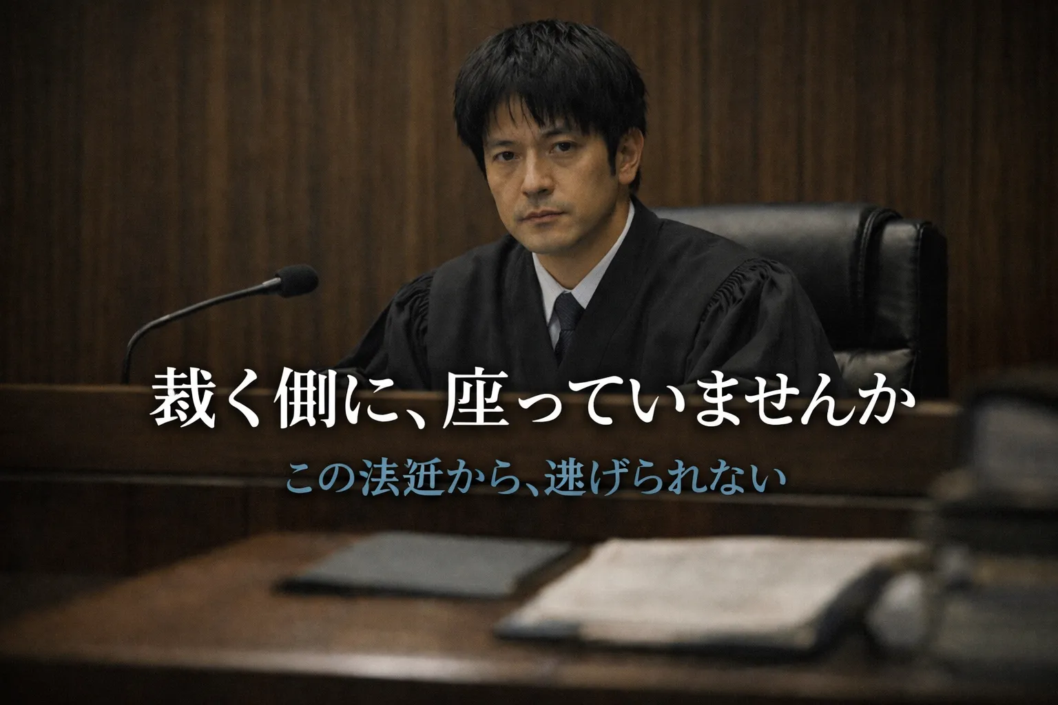 裁判官席からこちらを見つめる日本人男性裁判官。静かな法廷の中で、裁く側に座らされる重さと逃げ場のなさを感じさせる実写風ビジュアル。