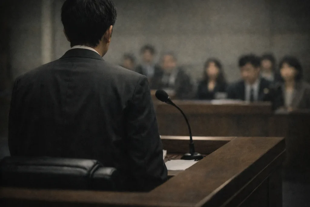法廷の証言台に立つ日本人男性の後ろ姿。マイクの前で言葉を選ぶように立ち、背後の傍聴席はぼかされ、判断を迫られる緊張感が漂う実写風ビジュアル。