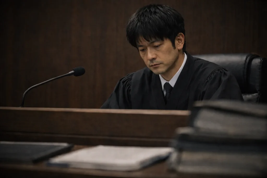 裁判官席に座り、視線を落として沈黙する日本人男性裁判官。言葉を発さずに判断の重さを背負っている様子が伝わる実写風ビジュアル。