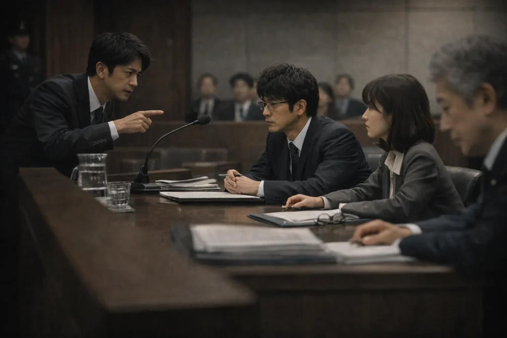 法廷で感情的に応酬する日本人の検察官と弁護士、証人が並ぶ場面。意見がぶつかり合い、判断の場が混乱していく人間の雑さが伝わる実写風ビジュアル。