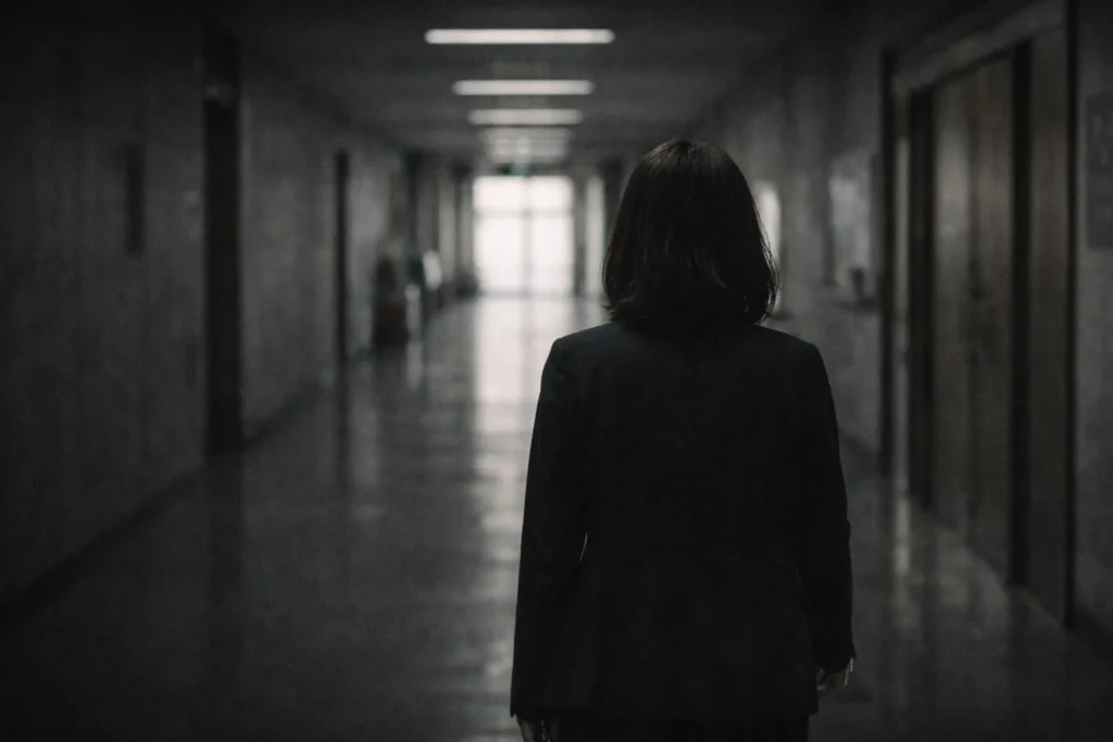 再審後の法廷廊下を一人で歩き去る日本人女性の後ろ姿。光の差す出口に向かいながらも、救われなさと判断の余韻が残る実写風ビジュアル。