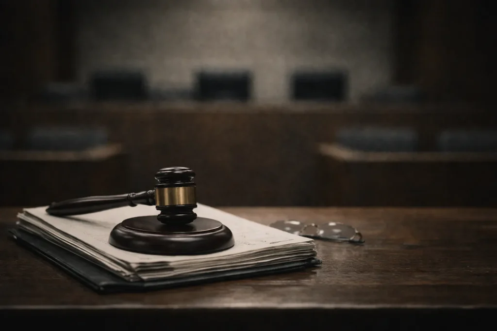 再審後の法廷廊下を一人で歩き去る日本人女性の後ろ姿。光の差す出口に向かいながらも、救われなさと判断の余韻が残る実写風ビジュアル。