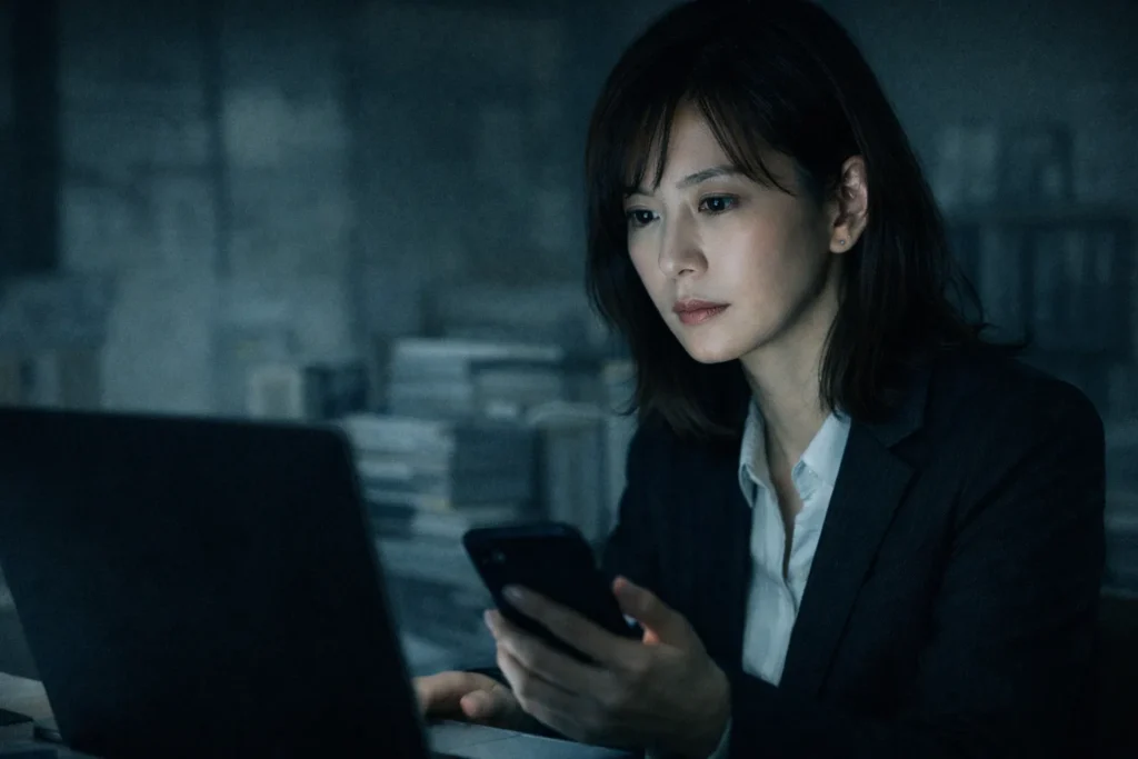 薄暗いオフィスでノートパソコンとスマートフォンを見つめるスーツ姿の日本人女性。冷たい光に照らされた真剣な表情が、ドラマ「おコメの女」の配信情報を探す緊張感を表しているアイキャッチ画像。